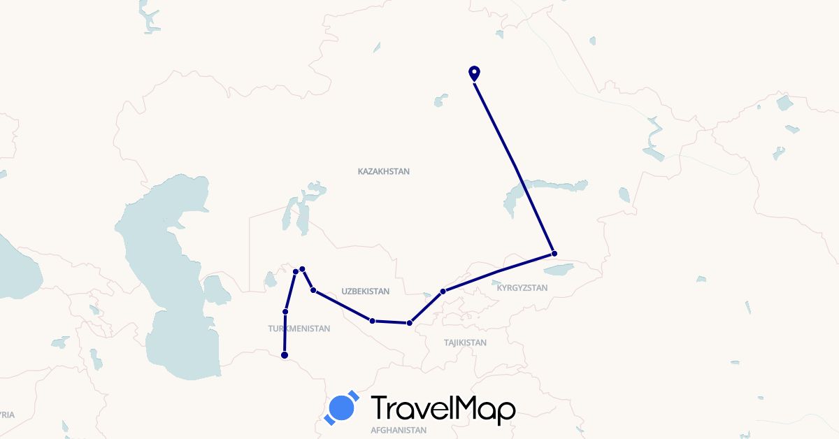 TravelMap itinerary: driving in Kazakhstan, Turkmenistan, Uzbekistan (Asia)